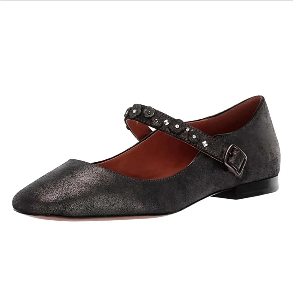 COACH Mary Jane Floral Embellished Anthracite Leather Flats Shoes size 6.5 - Picture 3 of 5